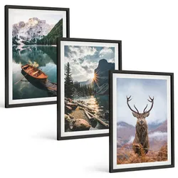 BILDER SET 3er Set - 40x60 cm Schwarzer Rahmen - Bergsee, Bootsfahrt, Sonnenuntergang, Hirsche