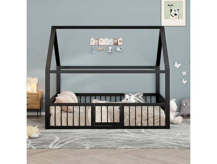Bellemave Hausbett 140x200,Bodenbett mit Sicherheitsgeländer,Metall Schwarz Montessori-konformes Design, 2-Paket-Lieferung, belastbar bis 200 kg, einfache Montage, ohne Matratze