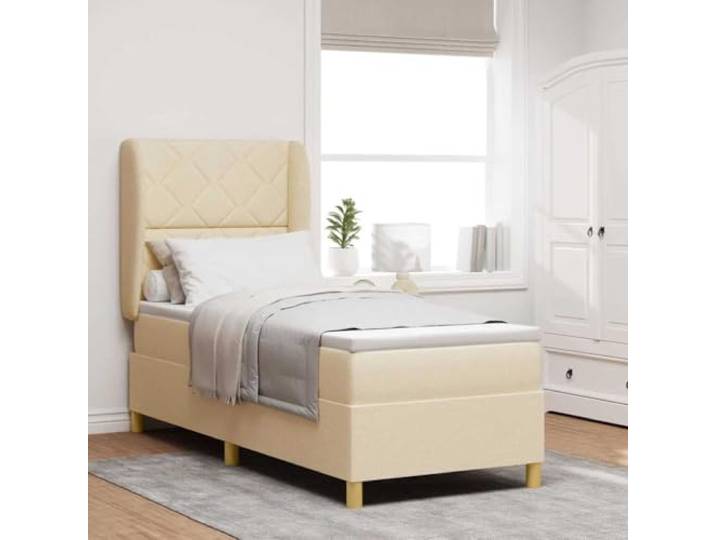 Boxspringbett mit Kopfteil creme 200 x 80 cm Stoff Kopfteil verstellbar in zwei Höhen, mittelfeste Matratze, Taschenfederkern, Lattenrost, trockenes Tuch