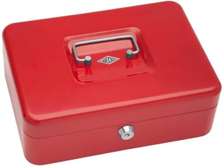 Wedo 145302X geldcassette (van gepoedercoat staal, intrekbare handgreep, 5-vaks munteninzet, veiligheidscilinderslot, 25 x 18 x 9 cm) rood