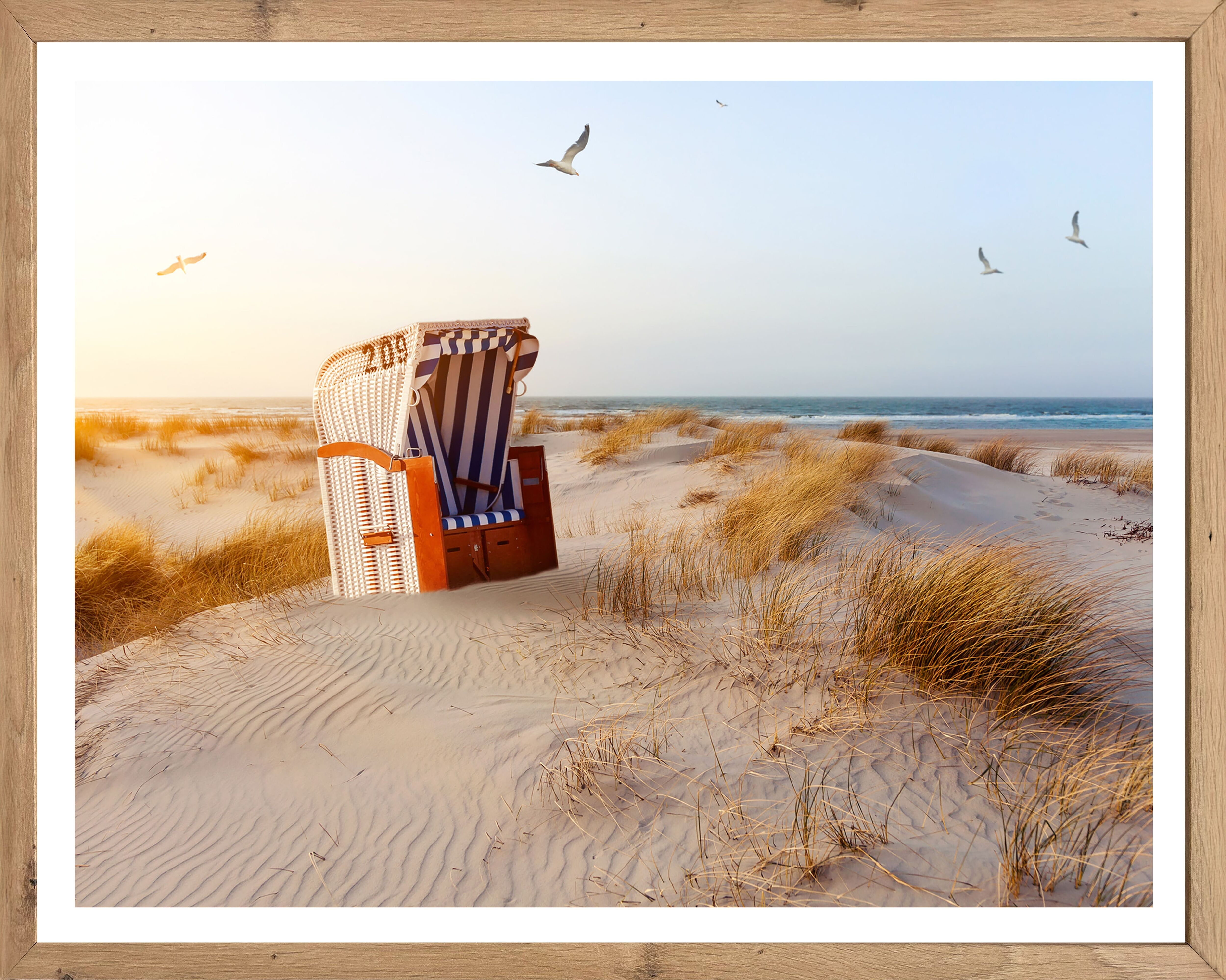 Bild mit Rahmen BÖNNINGHOFF "Wandbild gerahmt STRANDKORB DÜNE 40x50 cm – Maritime Wanddeko Küste", blau (farbe rahmen: artisan, farbe bild(er): blau, beige, gelb, grün), B:50cm H:40cm T:2,1cm, MDF, Papier, Bilder, Bild mit Rahmen, mit dekorativem Rahmen f