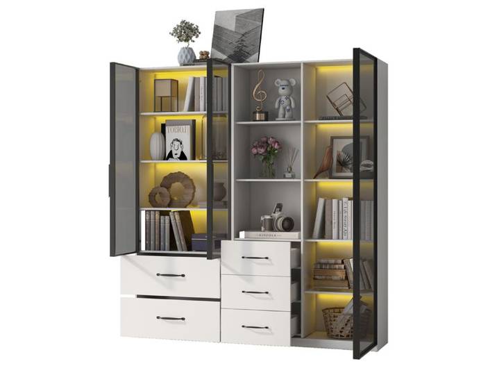 Vitrine 140x40x160 cm avec LED multicolore portes vitrées tiroirs et bibliothèque panneau de particules blanc