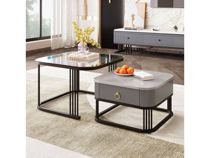 Table Basse Moderne Plateau en Verre Effet Marbre et Pieds Métalliques Noir et Gris 60x60x42 + 50x50x34 cm
