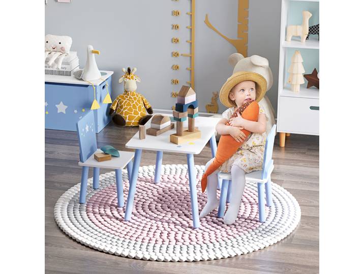 HOMCOM Ensemble Table et Chaises Enfants 2-4 Ans Bois Bleu Blanc