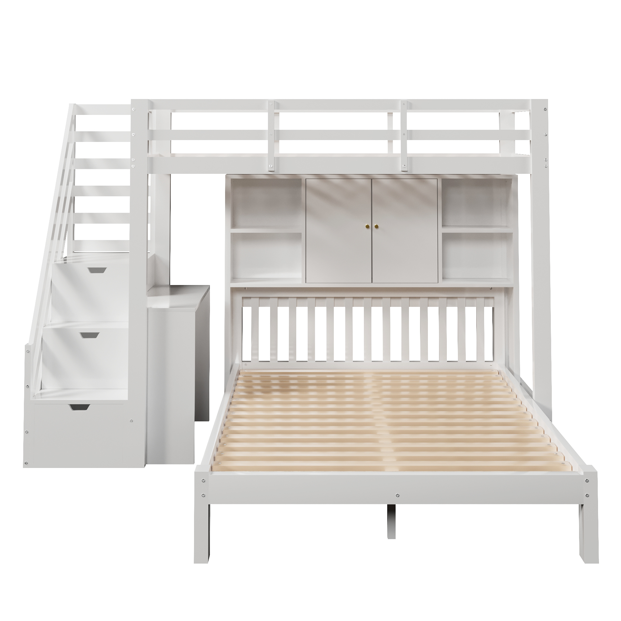 Etagenbett mit Lagerregal, 90*200cm+140*200cm,Multifunktionales Kinderbett, Mit Aufbewahrungstreppe und Beweglicher Beistelltisch, Großer Stauraum,
