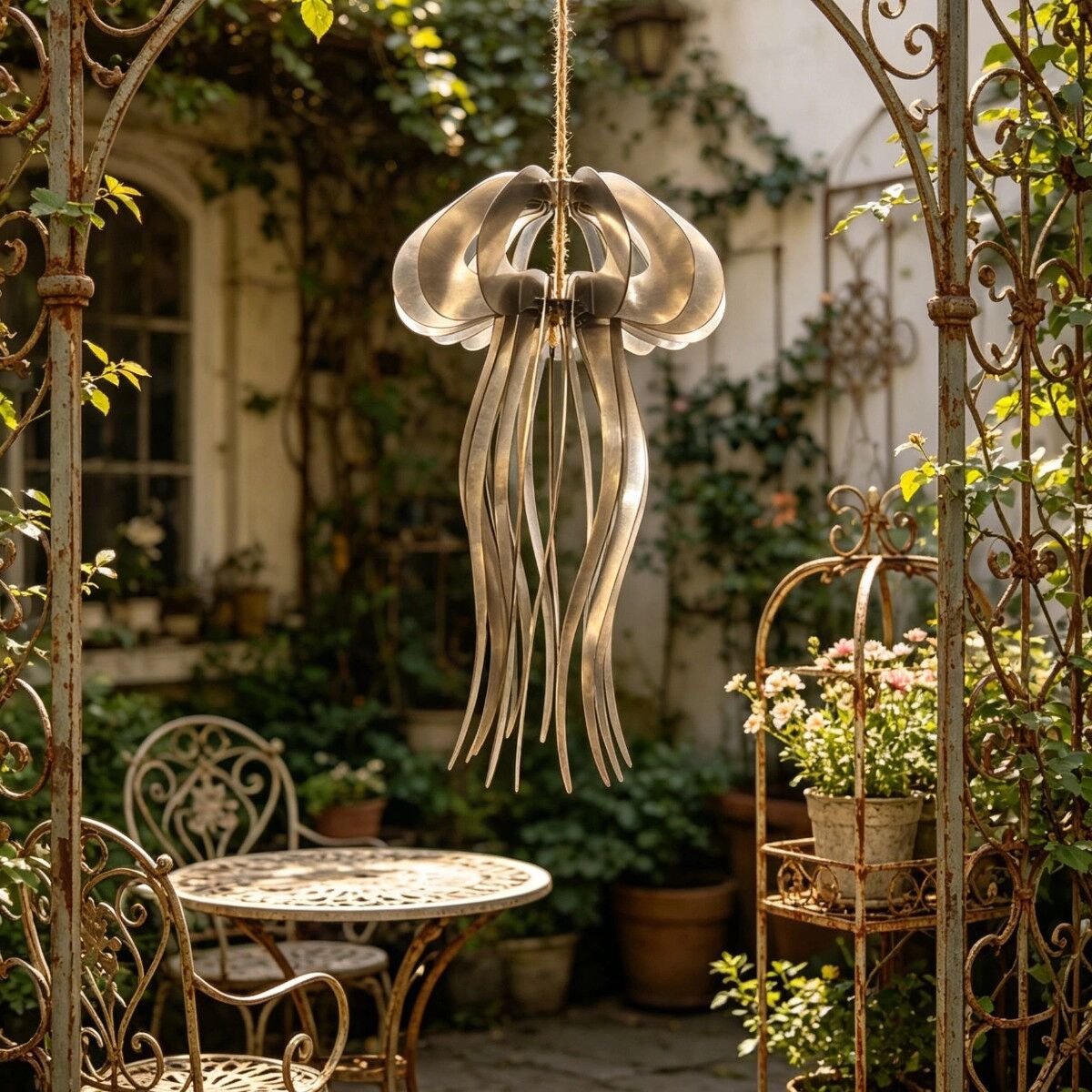 INF Carillon Méduse - Décoration de jardin suspendue en acier inoxydable avec corde en chanvre, assemblage requis