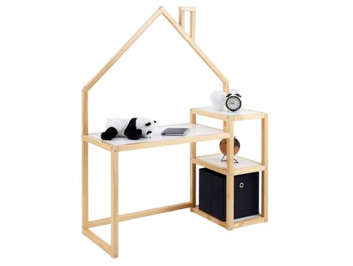 Kinderschreibtisch NIVIA Hausform natur/weiß mit Regal Stauraum gefertigt aus Kiefer Massiv. Stabil langlebig perfekt für Kinderzimmer. Montessori-Möbel ideal für Hausaufgaben oder Bastelarbeiten.