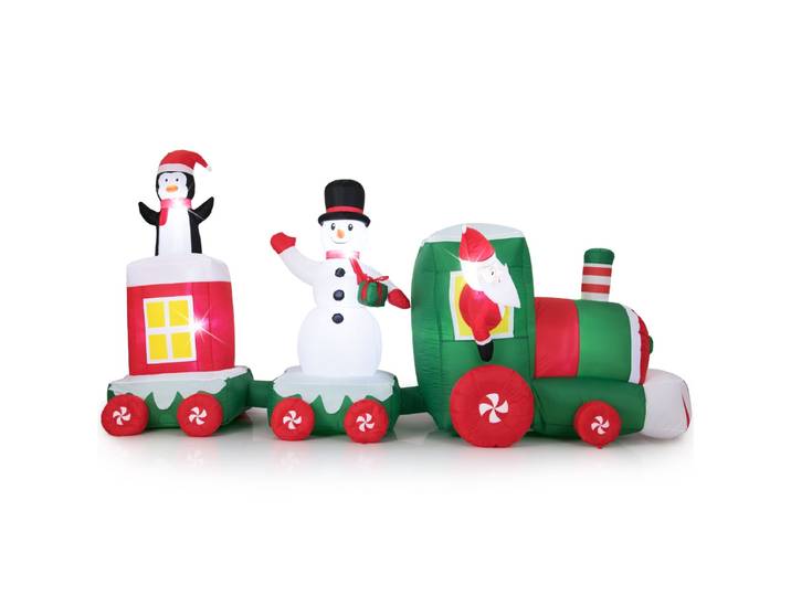 Opblaasbare Kerstman Rijdt in Trein met Sneeuwpop Kerstversiering voor in de Tuin 350 cm Opblaasbare Kersttrein