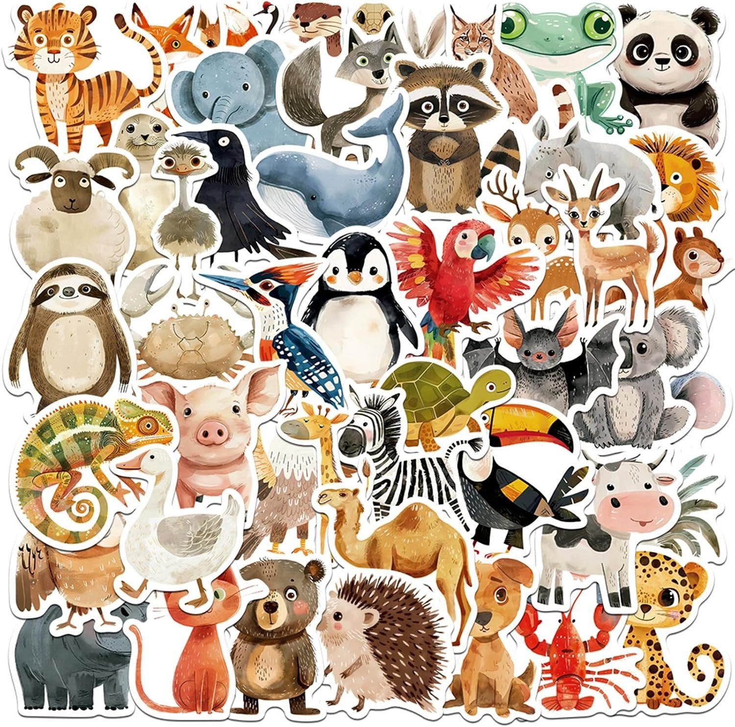 50 Unieke Dieren Illustratie Stickers, Waterdichte Vinyl Stickers voor Kinderen en Volwassenen