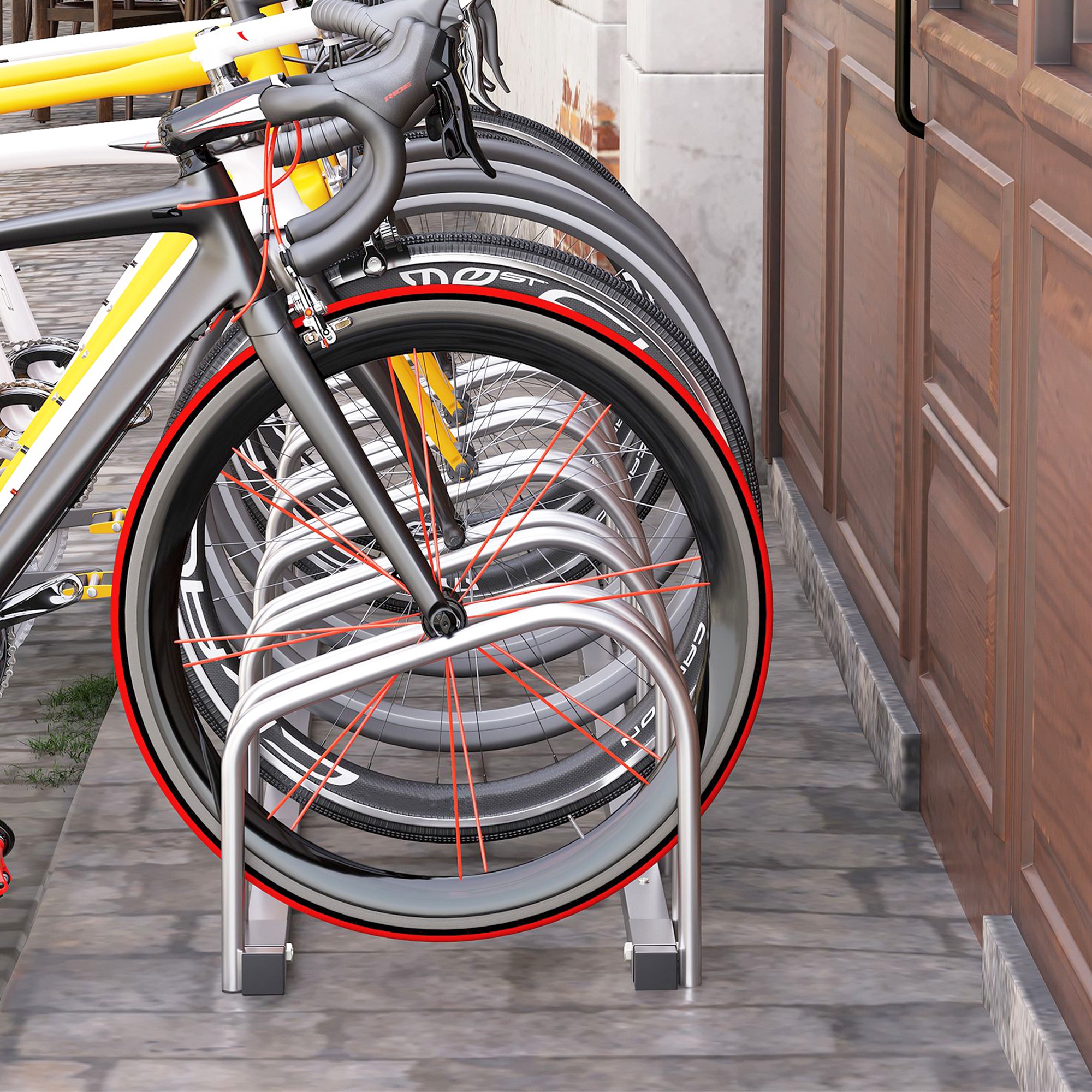 Homcom Rastrelliera Portabiciclette Parcheggio per 6 Biciclette in Acciaio, 179x33x27 cm, Argento Aosom