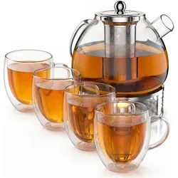 Arendo, Teekanne, Teekanne 1,5 l mit Stövchen & Teesieb + 4 Thermogläser 350 ml mit Henkel, Borosilikatglas (1.50 l)