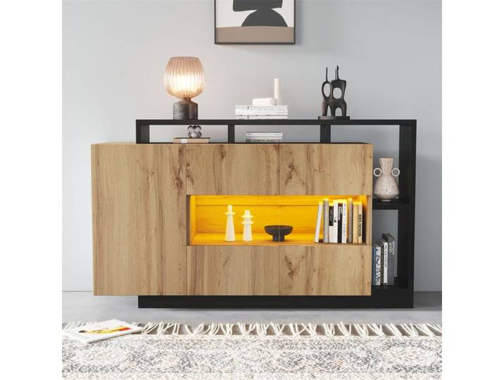 Buffet bas - LED 140x44x93 5 cm - Bluetooth RGB - MDF bois naturel - 3 portes