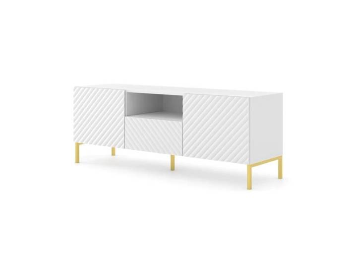 Meuble TV SURF 150 cm 2D1S façades fraisées blanc mat sur pieds dorés