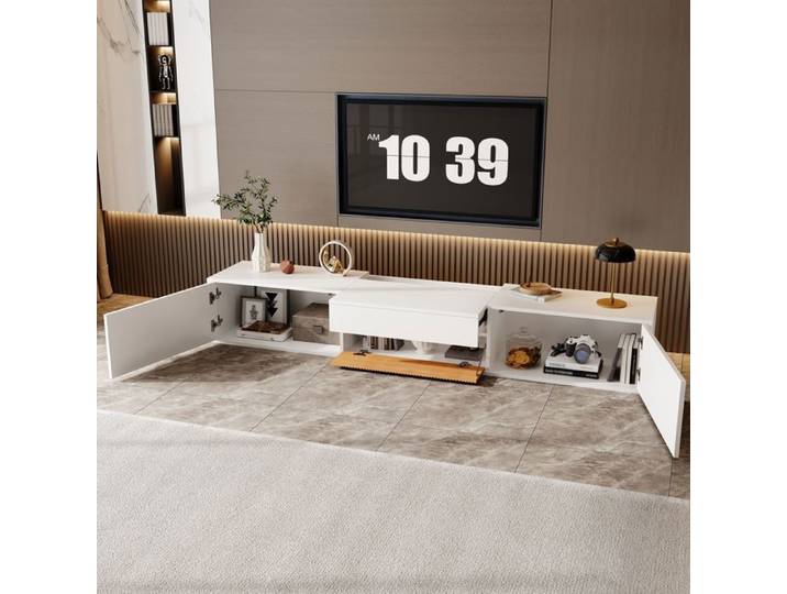 Meuble TV - Meuble TV Bas Mural Ou à Poser - Portes Et Étagères Rétractables -contemporain - Blanc