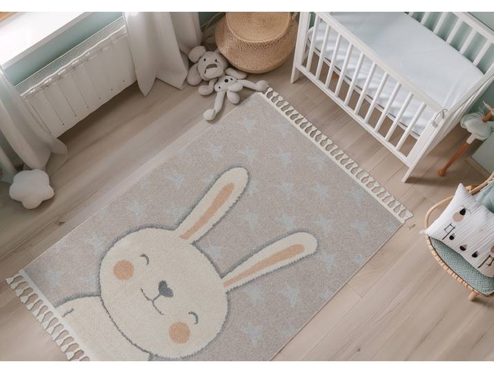 Kinderteppich OBSESSION My Fano 390 , bunt (mehrfarbig), B:120cm H:11mm L:170cm, Polypropylen, Teppiche, Kinderteppich, Motiv Hase, mit Fransen, auch in rund