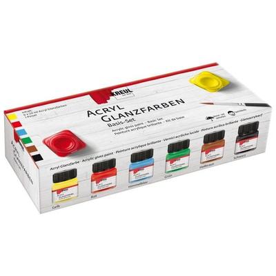 KREUL Acryl Glanzfarben Basis Set 6 x 20 ml, Gelb, Rot, Himmelblau, Grün, Hellbraun, Schwarz, 1 Pinsel
