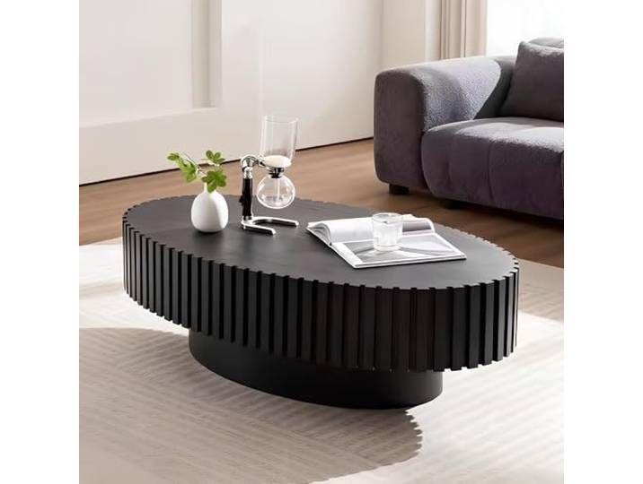 SOUWOFS Moderner Ovaler Beistelltisch 110CM Schwarz Couchtisch Mit Relief-Dekor, Aus Holz, Teetisch, Für Wohnzimmer Und Lounge