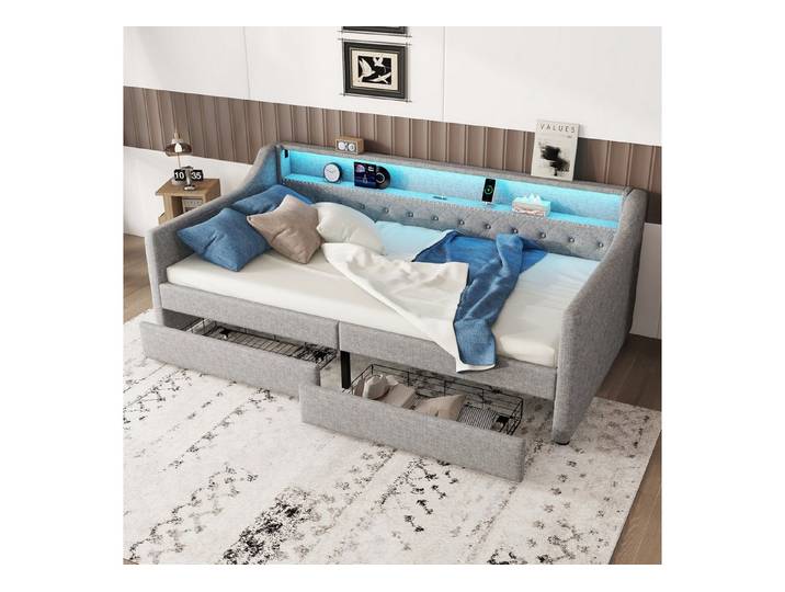 OKWISH Daybett Tagesbett, Funktionsbett,mit USB-Ladebuchse (mit USB-Ladebuchse, Lattenrost, LED Ambientelicht, 2 Schubladen), Daybett