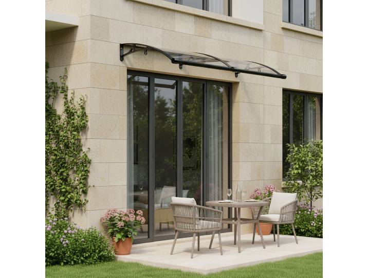 Auvent transparent arqué avec trous de drainage, abri de porte contre la pluie, résistant aux intempéries, vue claire, drainage efficace