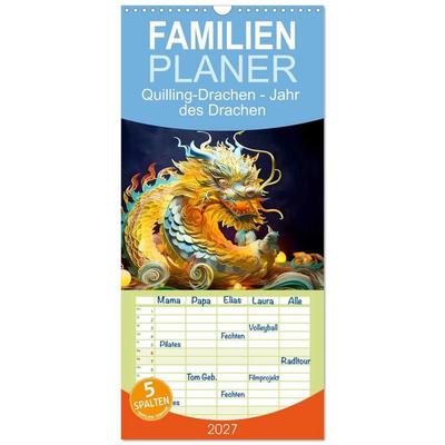 Familienplaner 2027 - Quilling-Drachen - Jahr des Drachen mit 5 Spalten (Wandkalender, 21 x 45 cm) CALVENDO