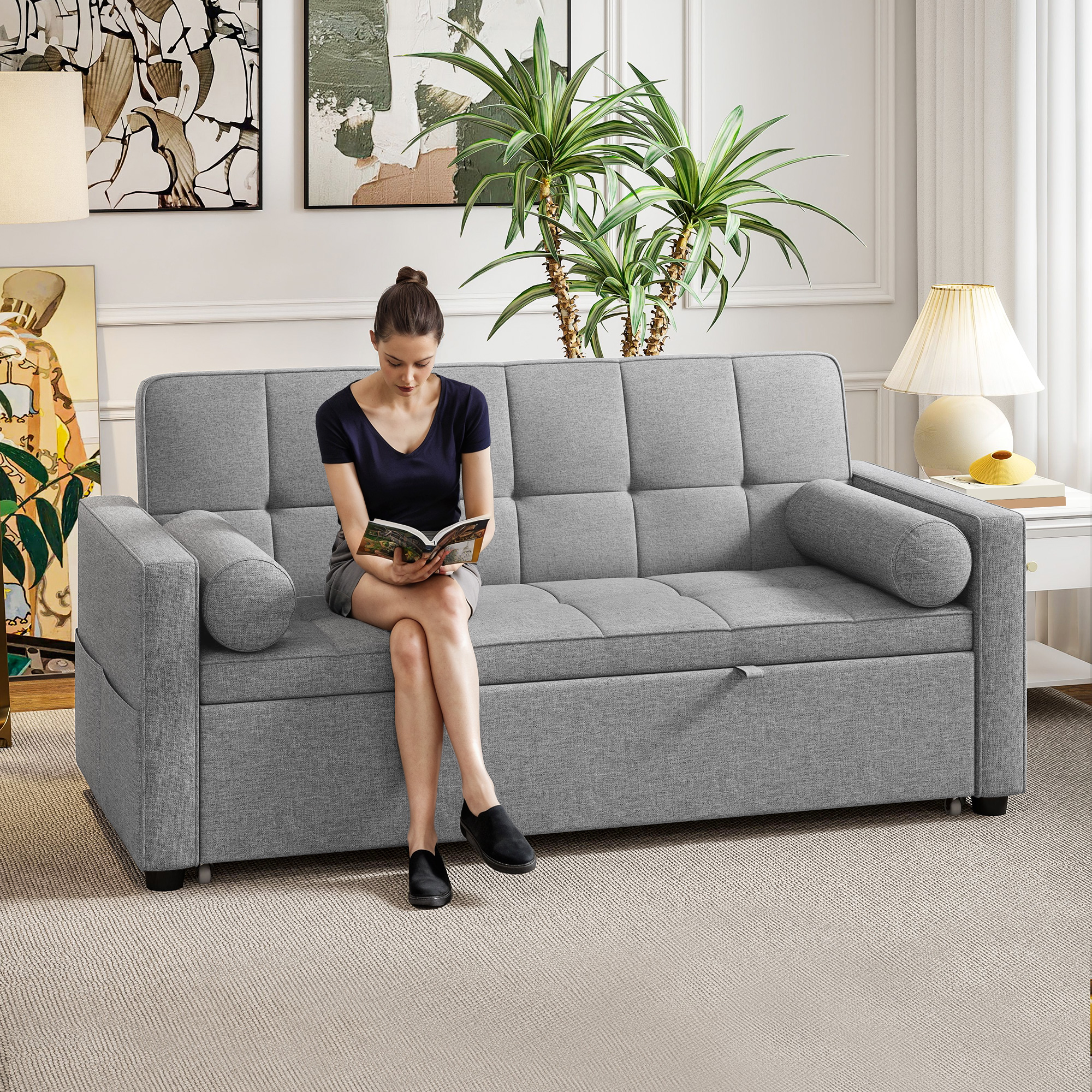Homcom Divano convertibile 2 posti 3 in 1 divano letto con letto estraibile matrimoniale schienale regolabile 2 cuscini 151x137,5x84cm grigio   Aosom Italy