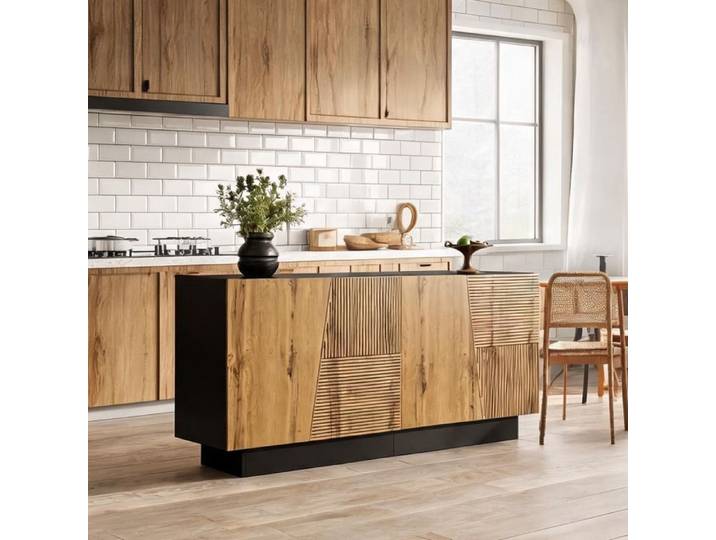 Buffet moderne 160 cm noir et bois - grand rangement salon salle à manger ou entrée