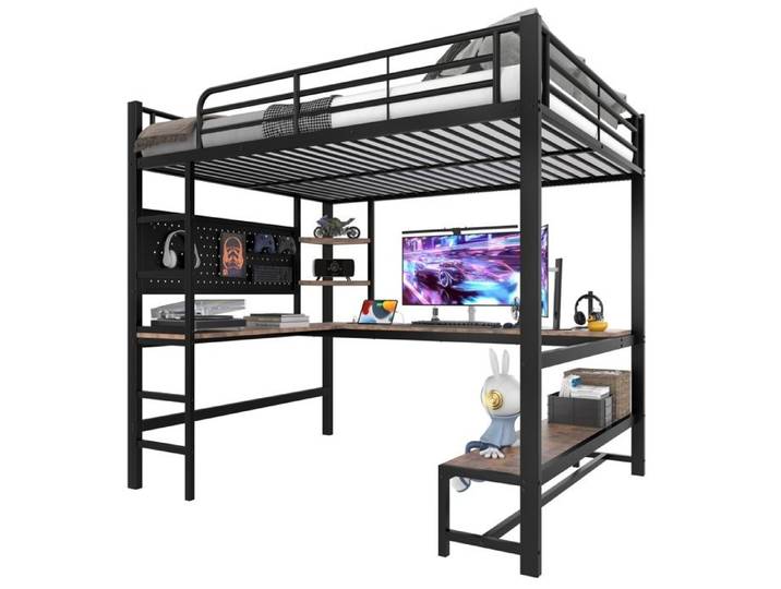 Lit mezzanine - 140×200 cm - Bureau intégré - LED & ports USB/Type-C - Rangements