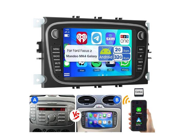 ESSGOO Android15 Für Ford Focus Mk2 Mondeo C/S-MAX Galaxy Kuga GPS Autoradio Navigationsgerät (Carplay Android Auto Bluetooth EQ USB GPS Navi WIFI Touchscreen)