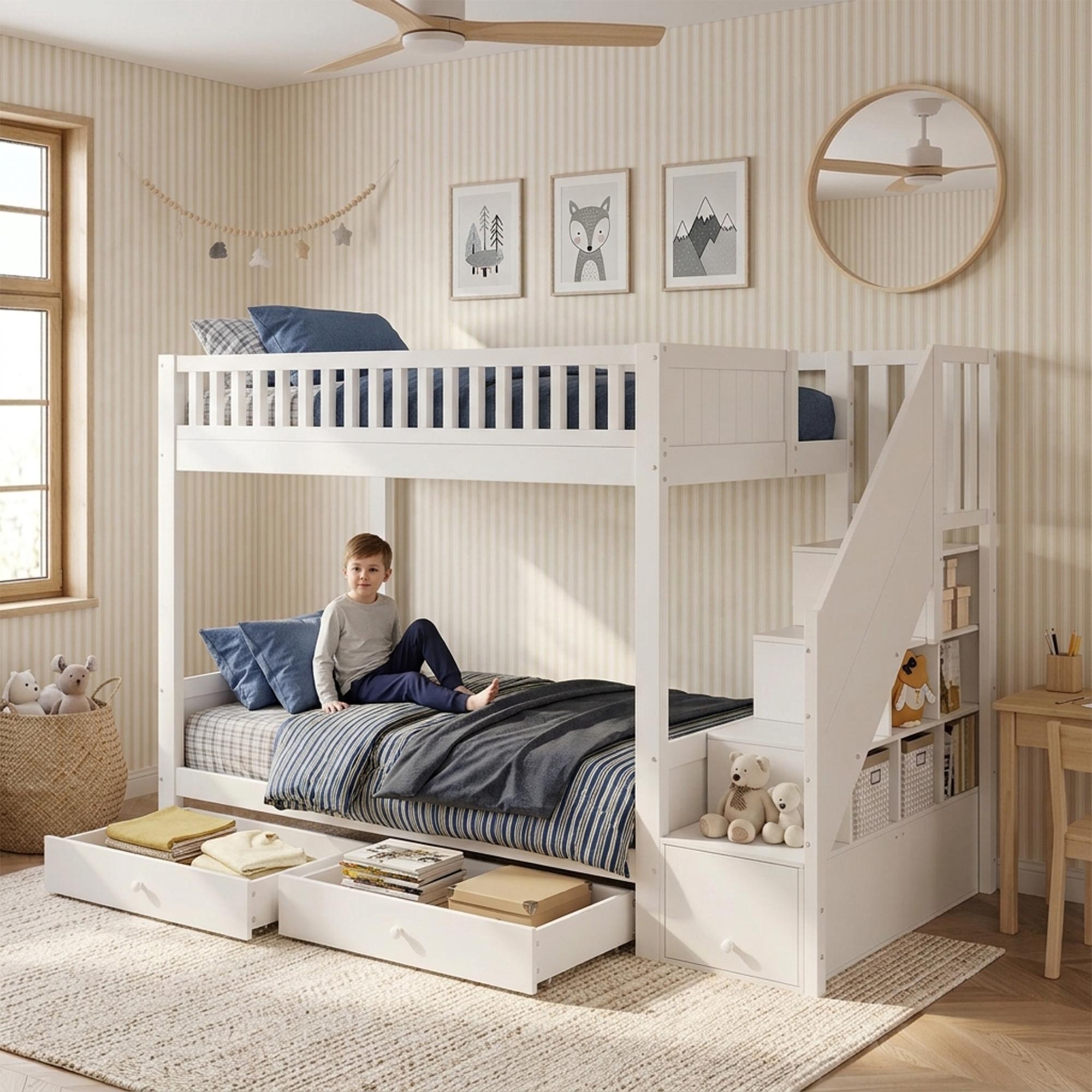 Kinder-Etagenbett 90x200 cm aus Holz, Stauraumtreppe, 2 Bettkästen, Rausfallschutz, platzsparend (White)