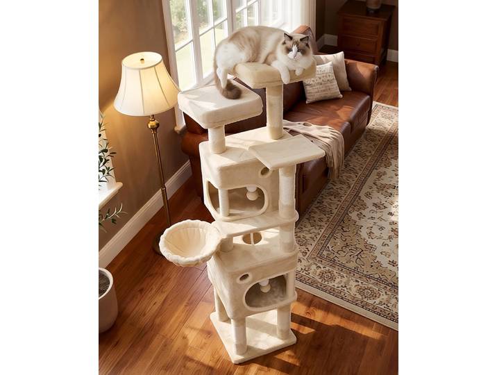 Poste à gratter pour chat de 159 cm, 8 postes à gratter, 3 plates-formes, 2 grottes, panier, boules en peluche, adapté aux chats de différentes tailles, beige