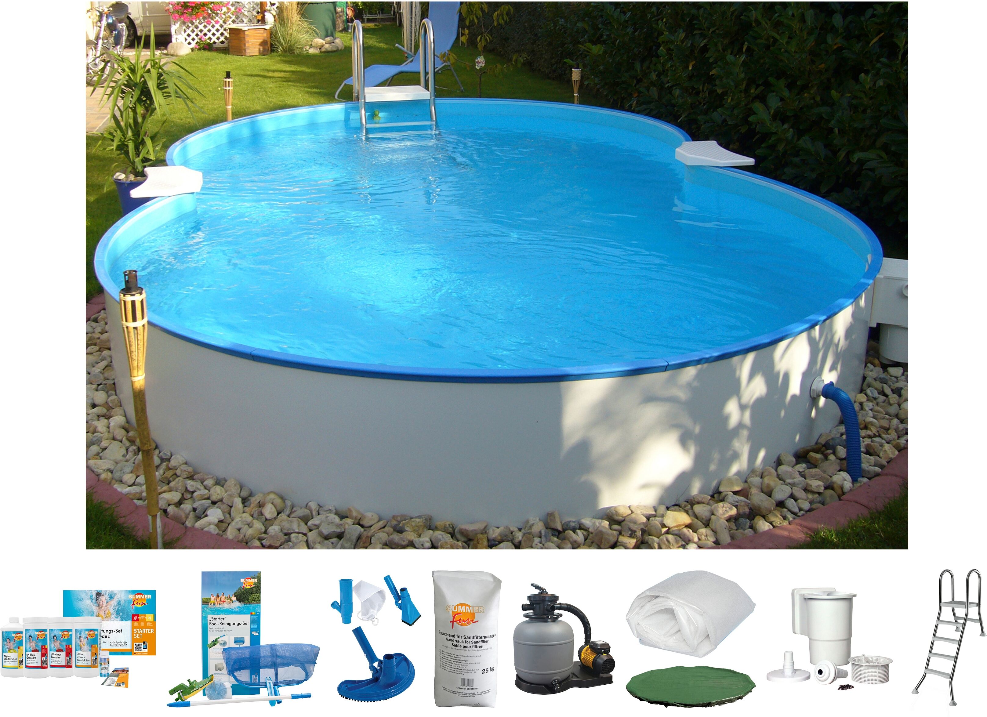 Achtformpool CLEAR POOL, weiß, B:300cm H:120cm L:470cm, Schwimmbecken, 470x300x120 cm inkl. umfangreichem Zubehör für den Teileinbau