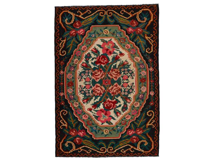 Kelim Rosen Antik Teppich 211x304 Handgewebt Orientteppich Wolle