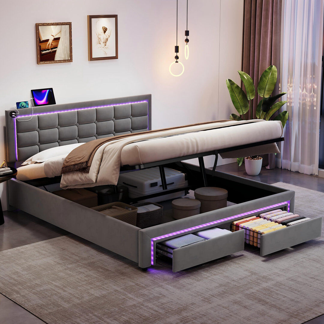Canora Grey Ottoman Bed With Led And Usb Linen Grey Grey Double (140 x 197 cm)