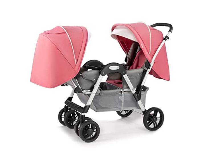 Tandem-Doppelkinderwagen for Zwillinge – gemütlicher kompakter Zwillingskinderwagen, Doppelkinderwagen mit Tandemsitzen, übergroßem Baldachin, Tandem-Regenschirm-Kinderwagen for Mädchen und Jungen ( C