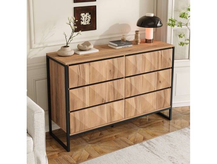 Buffet bas 6 tiroirs avec structure métallique façades texturées et pieds réglables pour salon entrée - UVRION