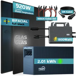 SUNNIVA® 920W Balkonkraftwerk mit 2,01 kWh Speicher TSUN SOLARCAN TSOL-DCU2000Lite, BIFAZIAL FULLBLACK komplett Steckdose, PV Solaranlage Komplettset mit Solarspeicher, 2x 460W Glas-Glas Bifacial