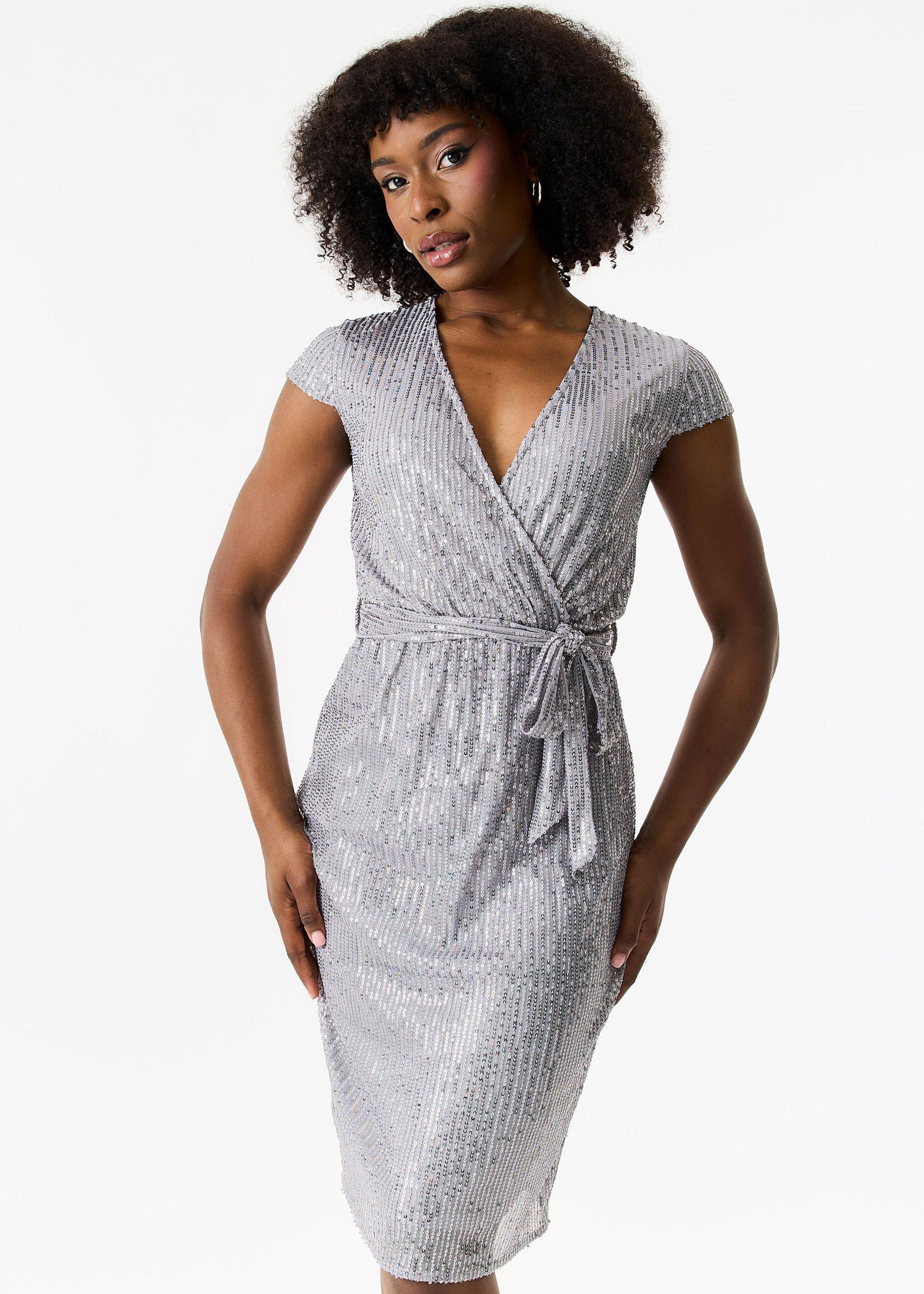 Paillettenkleid mit elastischer Taille und Wickelgürtel aus Gun Metal