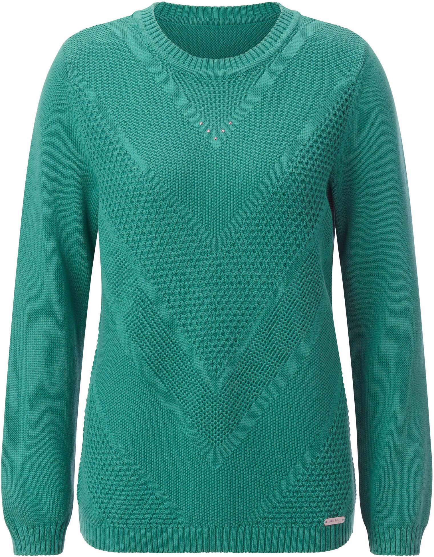 Strickpullover WITT "Pullover Langarm-Pullover mit Metallplättchen-Applikationen", Damen, Gr. 42, grün (smaragd), Strick, , Sportlich, Rundhals, Pullover Strickpullover