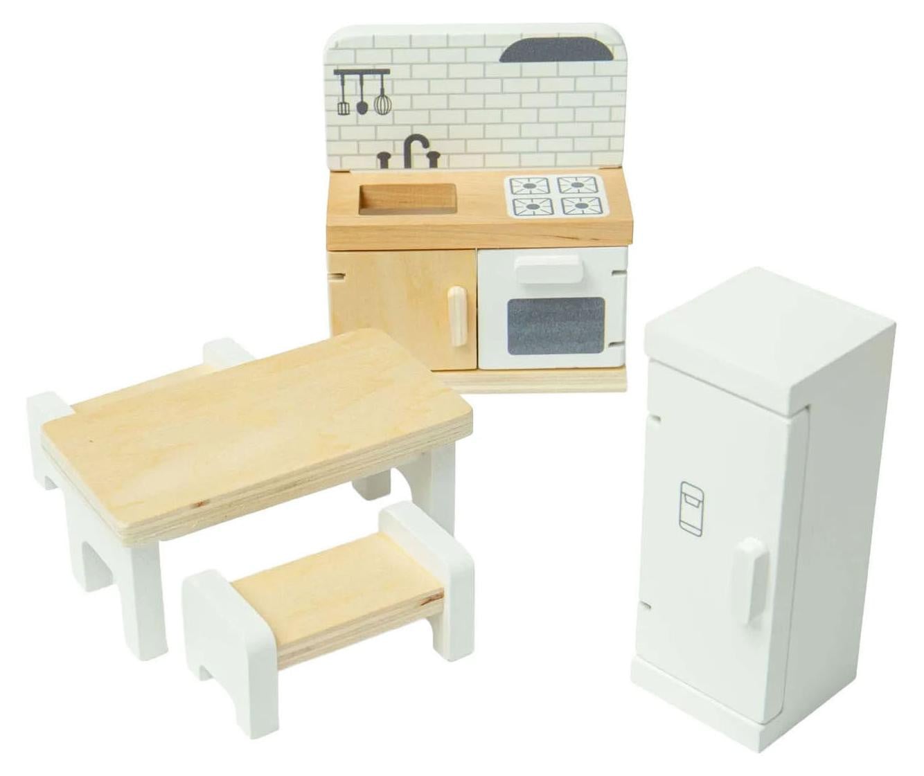 Bigjigs Toys Houten Keukenset voor Poppenhuis met Koelkast, Oven, Gootsteen en Eettafel