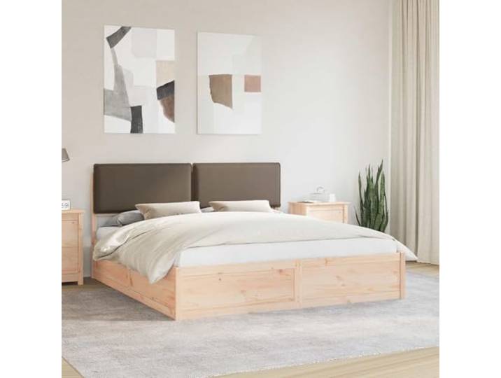 RJPLMFV Bettgestell, massives Kiefernholz, 200 x 200 cm, Kopfteil, gepolstert, Taupe