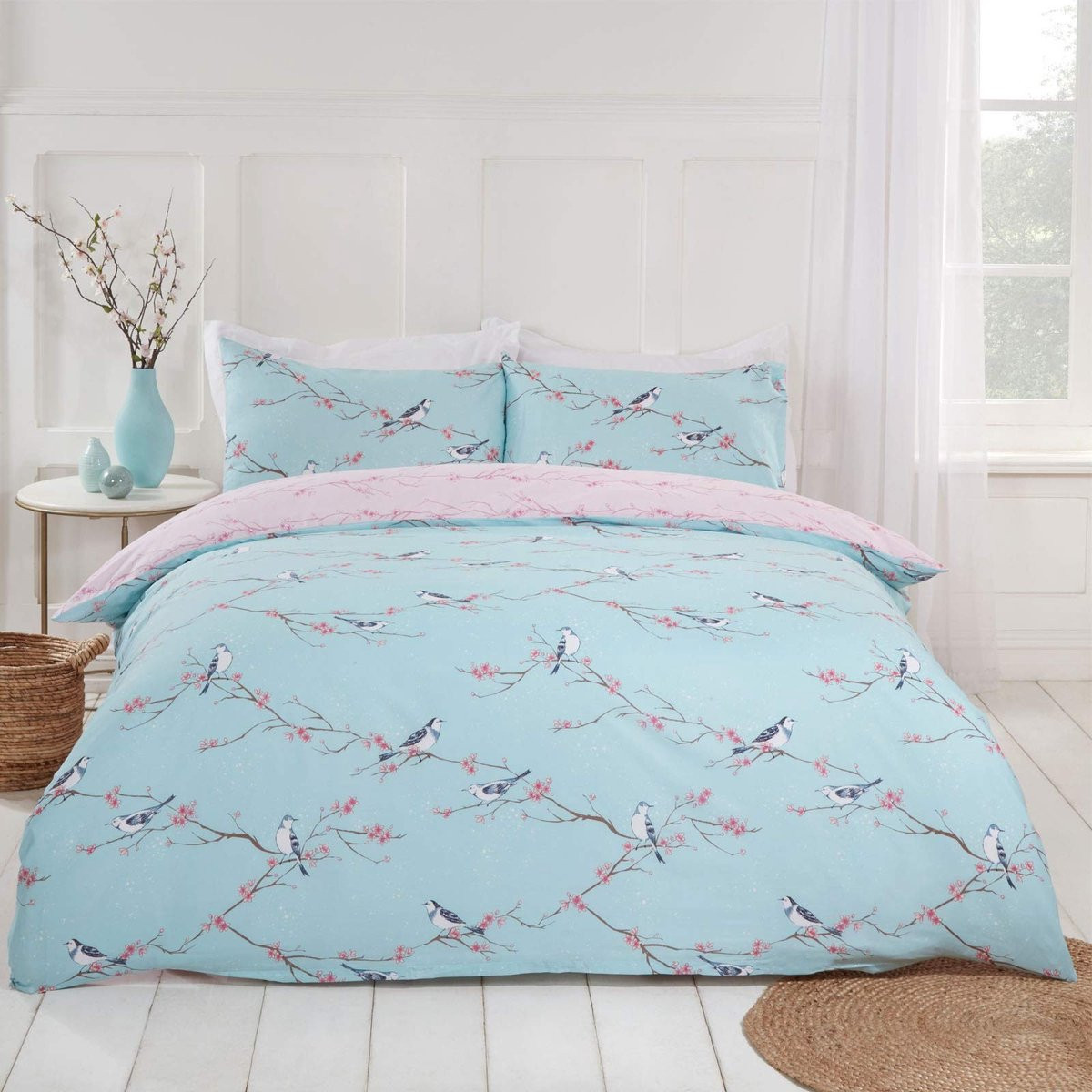 Solidchoice Reversible Floral Dekbedovertrek Set met Kussensloop in Duck Egg Blush