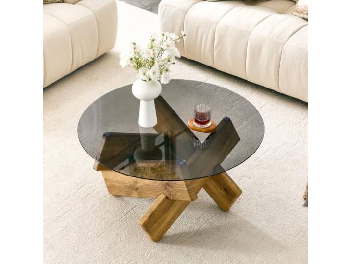 Bellemave Couchtisch Rund 79 cm, MDF Base, Schwarze Glasplatte, Holz Runder Wohnzimmertisch, pflegeleichte Glasplatte, schnell montiert, ideal als Sofatisch, modern & platzsparend