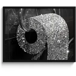 POSTER MIT RAHMEN WC - Toilettenpapier - Schwarz und weiß - Glitter 80x60 cm