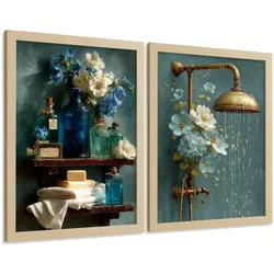 POSTER 2er-Set dekorative Badezimmer-Wandbilder, ästhetische Dusche und WC, moderne Badezimmerdekoration mit Blumen Flaschen und Dusche Rahmenlos A4