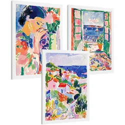 POSTER 3er Bilder-Set Wandbilder Maritim Blau modern Wohnzimmer Deko, Schlafzimmer, Küche, Badezimmer Weißer Rahmen A3