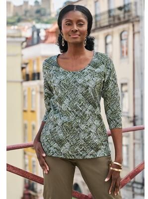 Plus Size Women's Stretch Cotton Scoop Neck Tee by Jessica London in Olive Drab Tribal Animal (Size 12) 3/4 Sleeve Shirt
