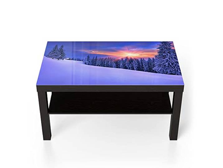 DEQORI Glastisch schwarz groß 90x50 cm Motiv Berg-Winterlandschaft ausgefallener Beistelltisch aus Glas Hochglanz Couchtisch fürs Wohnzimmer moderner Couch Tisch mit Design