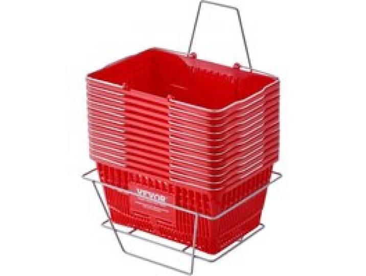 VEVOR Panier de courses, lot de 12, panier à provision en plastique durable de 21 L avec poignée, support en métal 425x305x218 mm, panier portable pour magasins de détail, supermarchés, courses, rouge