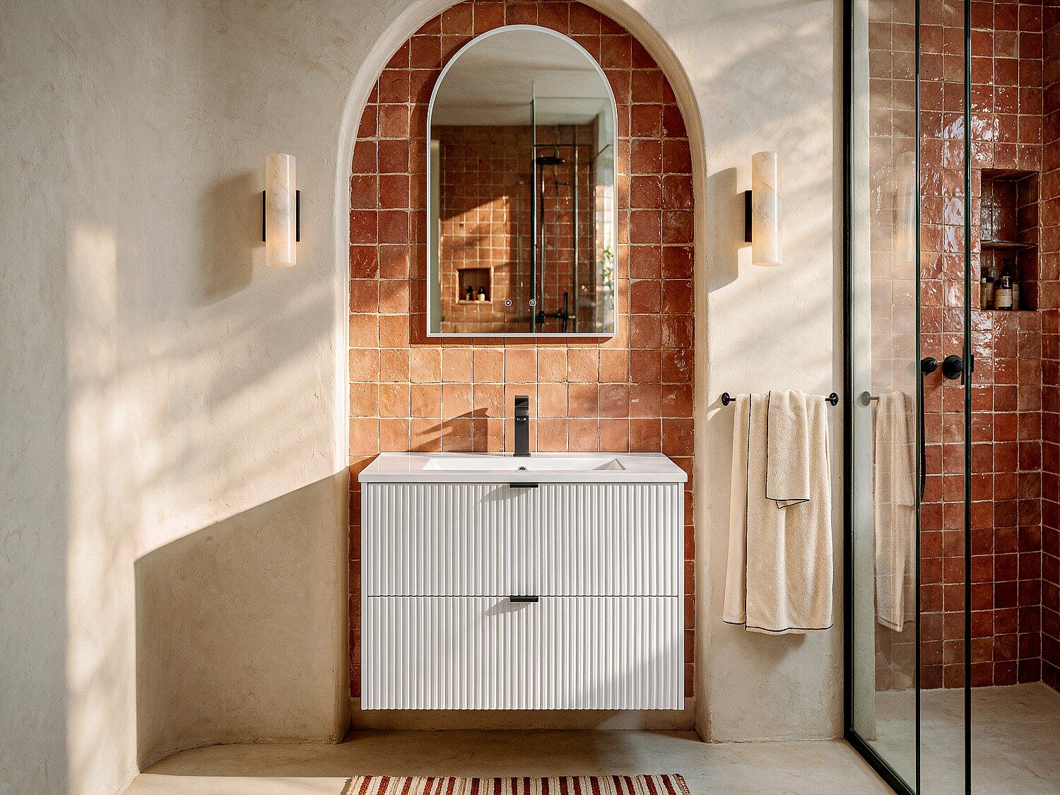 Unique Mueble suspendido para lavabo estriado - Blanco - Ancho 80 cm - ZEVINI