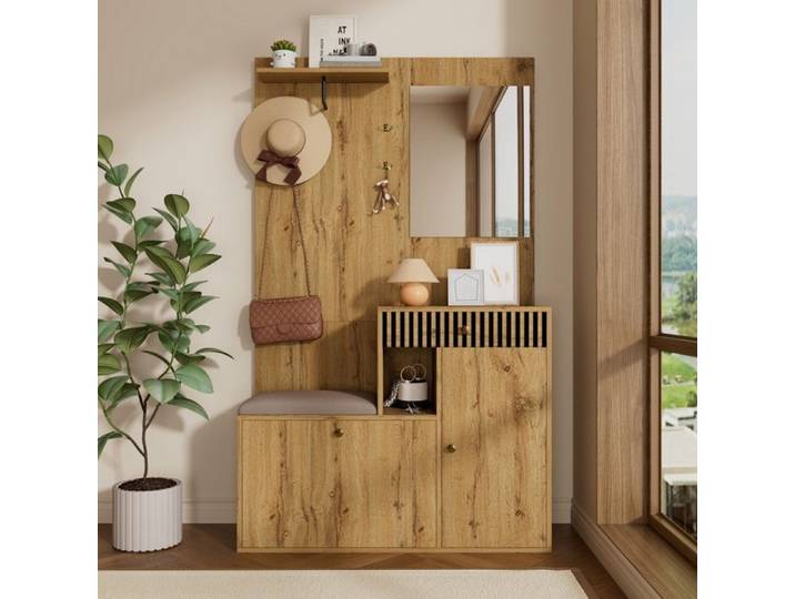 Vestiaire D'entrée avec Banc et Rangement à Chaussures Meuble d'entrée Moderne avec Crochets Porte-Manteau Multifonctionnel Naturel